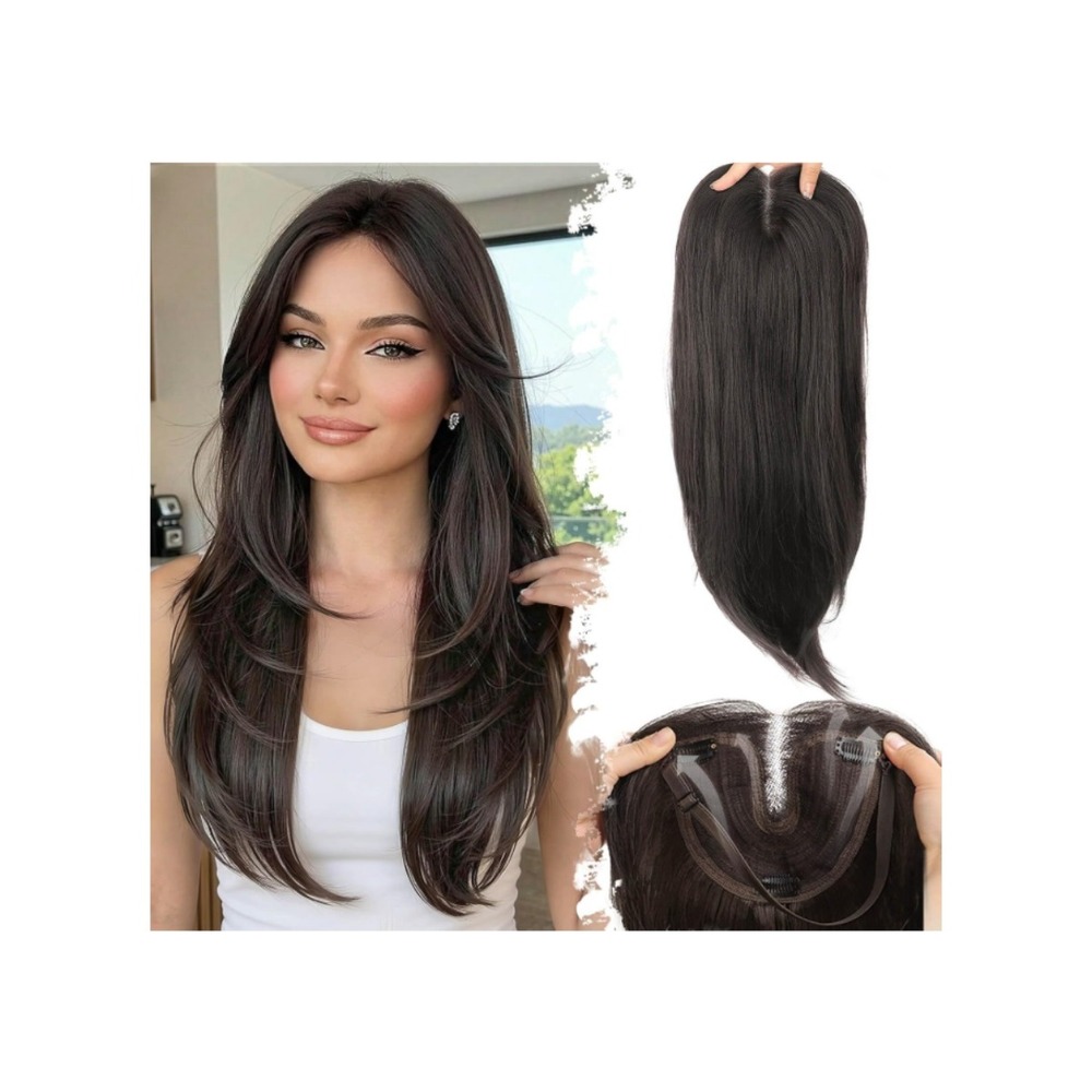 Dark Brown Synthetic Hair Topper 24" Layered 5x6" Base Clip In Wispy Bangs